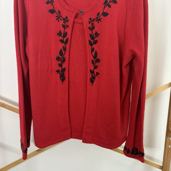 VTG Laura Scott Red Embroidered Cardigan & Tank One Piece Sweater Sz L Petite - Picture 5 of 8